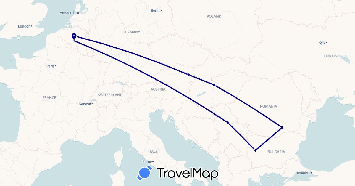 TravelMap itinerary: driving in Austria, Belgium, Bulgaria, Hungary, Romania, Serbia (Europe)